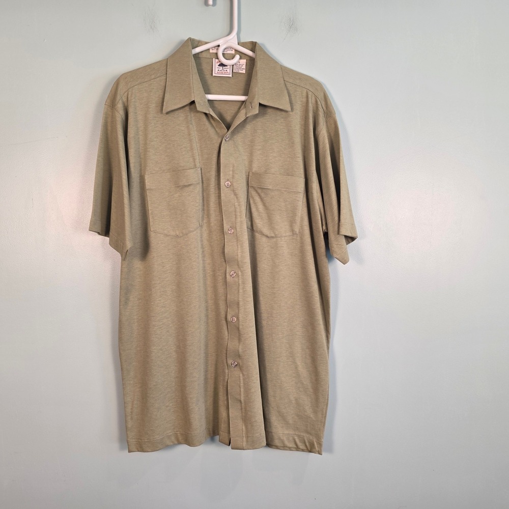 Manhattan Nature Knit Men Large Tan/Green Short Sleeve Button Down Shirt Pockets